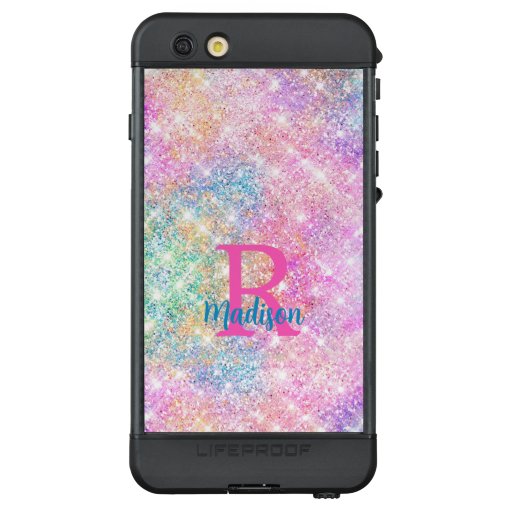 Cute iridescent unicorn pink faux glitter monogram LifeProof NÜÜD iPhone 6s plus case