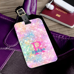 Cute iridescent unicorn pink faux glitter monogram luggage tag