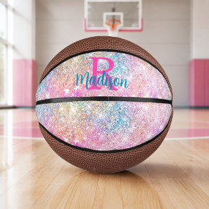 Cute iridescent unicorn pink faux glitter monogram mini basketball