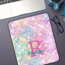 Cute iridescent unicorn pink faux glitter monogram mouse pad