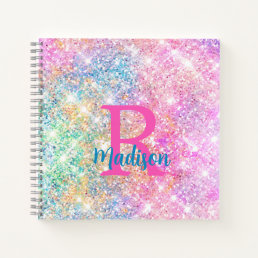 Cute iridescent unicorn pink faux glitter monogram notebook