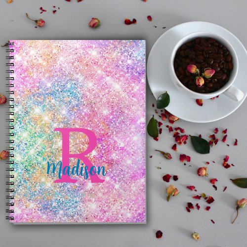 Cute iridescent unicorn pink faux glitter monogram notebook