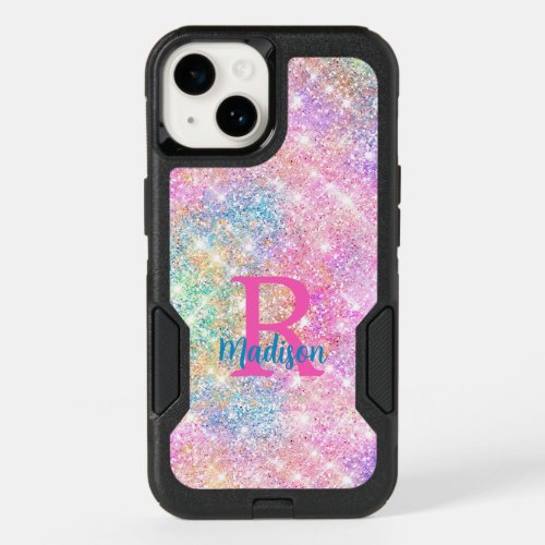 Cute iridescent unicorn pink faux glitter monogram OtterBox iPhone 14 case