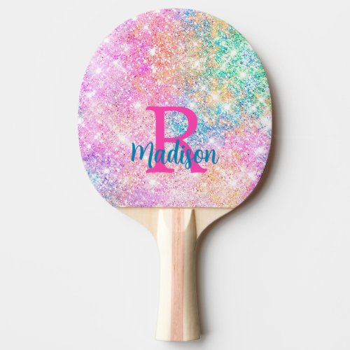 Cute iridescent unicorn pink faux glitter monogram ping pong paddle