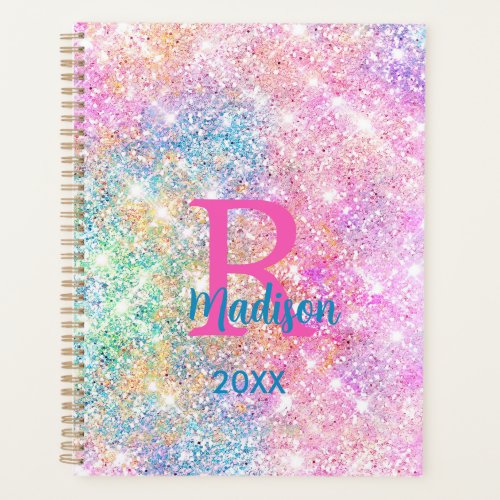 Cute iridescent unicorn pink faux glitter monogram planner