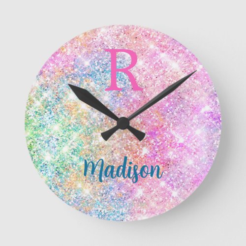 Cute iridescent unicorn pink faux glitter monogram round clock