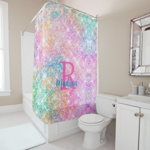 Cute iridescent unicorn pink faux glitter monogram shower curtain