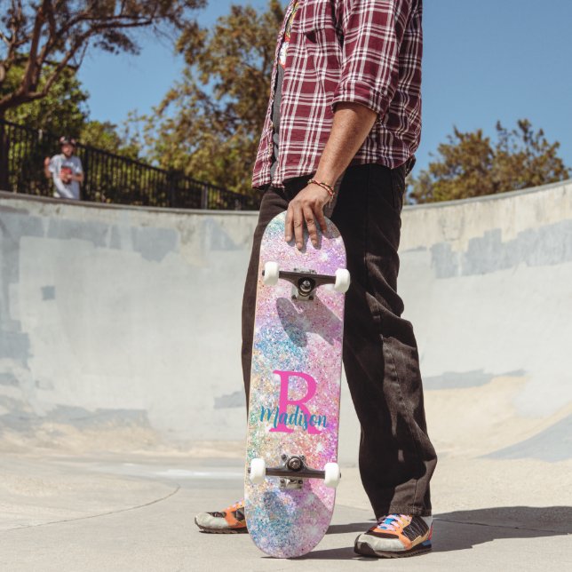 Cute iridescent unicorn pink faux glitter monogram skateboard (Outdoor 2)