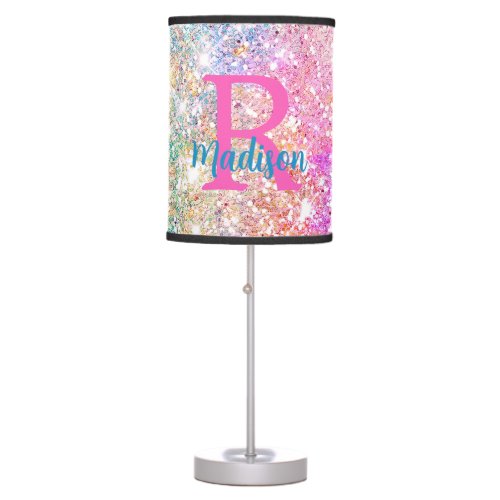 Cute iridescent unicorn pink faux glitter monogram table lamp