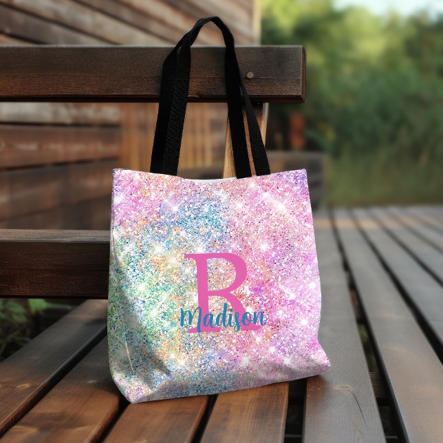 Cute iridescent unicorn pink faux glitter monogram tote bag (Creator Uploaded)