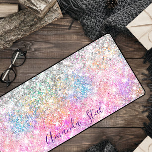 Cute iridescent unicorn pink glitter desk mat