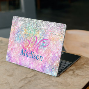 Cute iridescent unicorn pink glitter monogram HP laptop skin