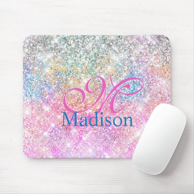 Cute iridescent unicorn pink glitter monogram mouse pad (With Mouse)
