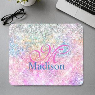 Cute iridescent unicorn pink glitter monogram mouse pad