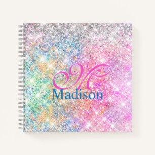 Cute iridescent unicorn pink glitter monogram notebook
