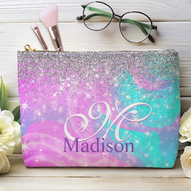 Cute iridescent unicorn silver glitter monogram accessory pouch (Creator Uploaded)
