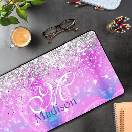 Cute iridescent unicorn silver glitter monogram desk mat