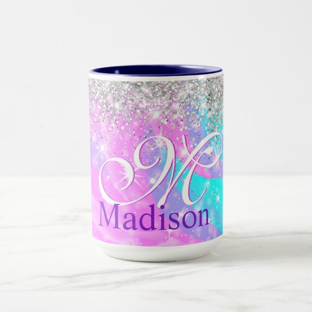 Cute iridescent unicorn silver glitter monogram mug (Center)