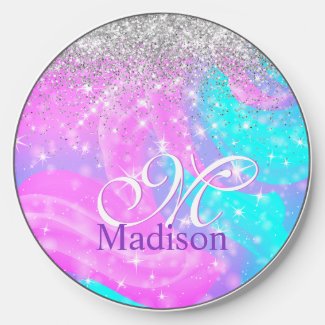 Cute iridescent unicorn silver glitter monogram