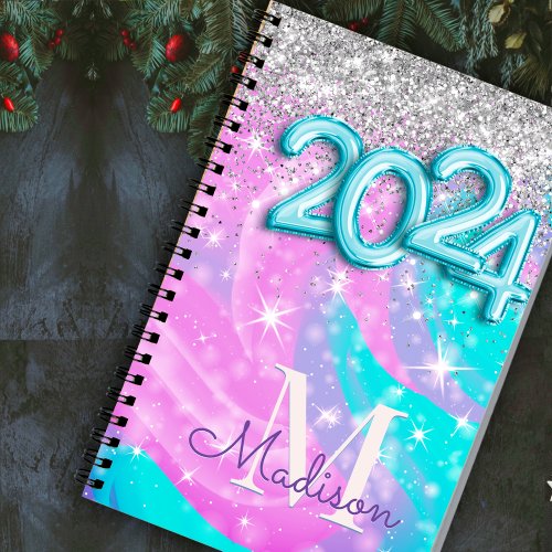 Cute iridescent unicorn silver monogram 2024 planner