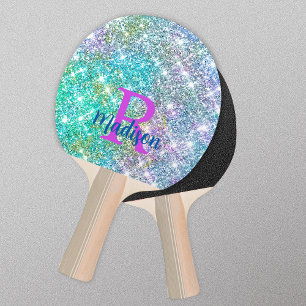 Cute iridescent unicorn turquoise glitter monogram ping pong paddle