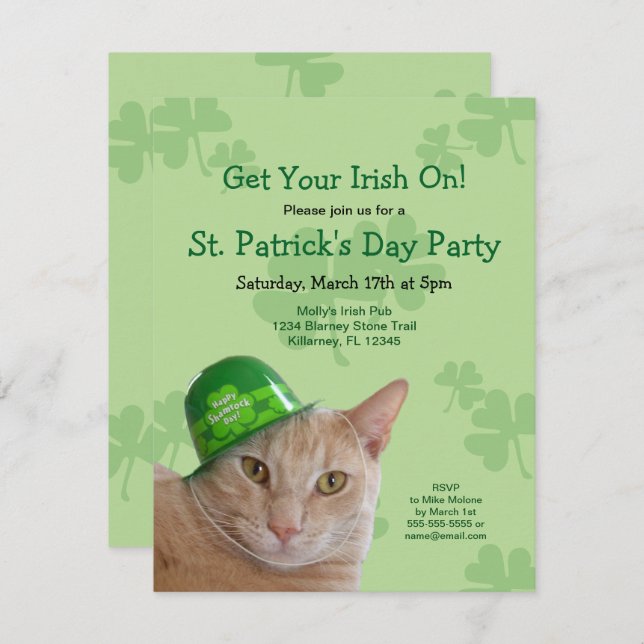 Cute Irish Cat St. Patrick's Day Party Invitations (Front/Back)