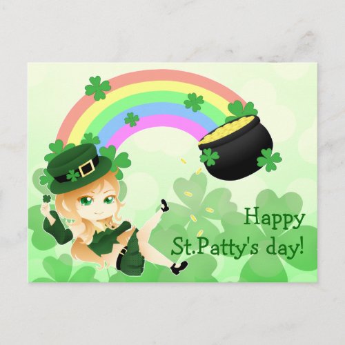 Cute Irish chibi leprechaun girl with pot of gold Postcard