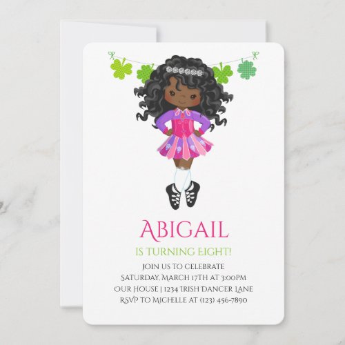 Cute Irish Dance Black Hair Girl Shamrock Birthday Invitation