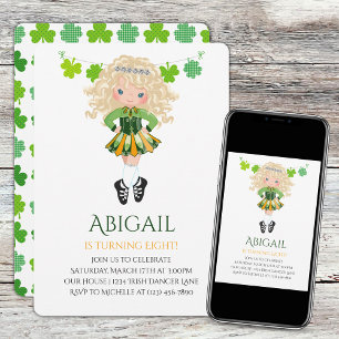 Cute Irish Dance Blond Girl Shamrocks Birthday Invitation