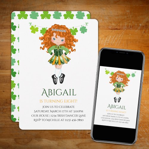 Cute Irish Dance Red Hair Girl Shamrocks Birthday Invitation