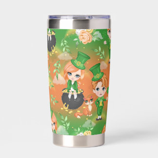 CUTE IRISH GIRL AND BOY WITH ADORABLE ORANGE CAT INSULATED TUMBLER