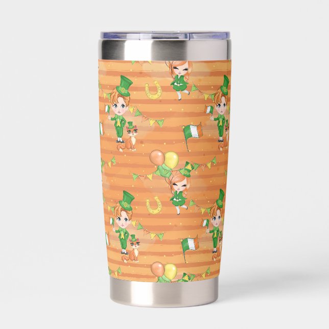 CUTE IRISH GIRL AND BOY WITH ADORABLE ORANGE CAT INSULATED TUMBLER (Front)
