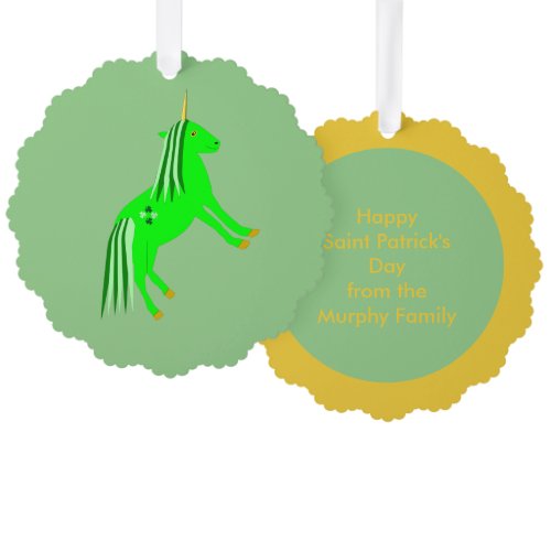 Cute Irish Green and Gold Unicorn Custom Ornament Card