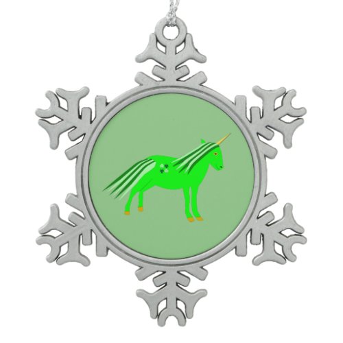 Cute Irish Green and Gold Unicorn Snowflake Pewter Christmas Ornament