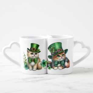 CUTE IRISH KITTENS WITH HATS AND SHAMROCKS COFFEE MUG SET