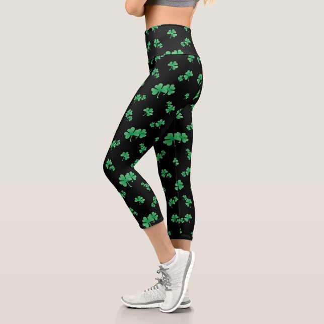 Cute Irish Shamrock Pattern on Black Capri Leggings (Left)