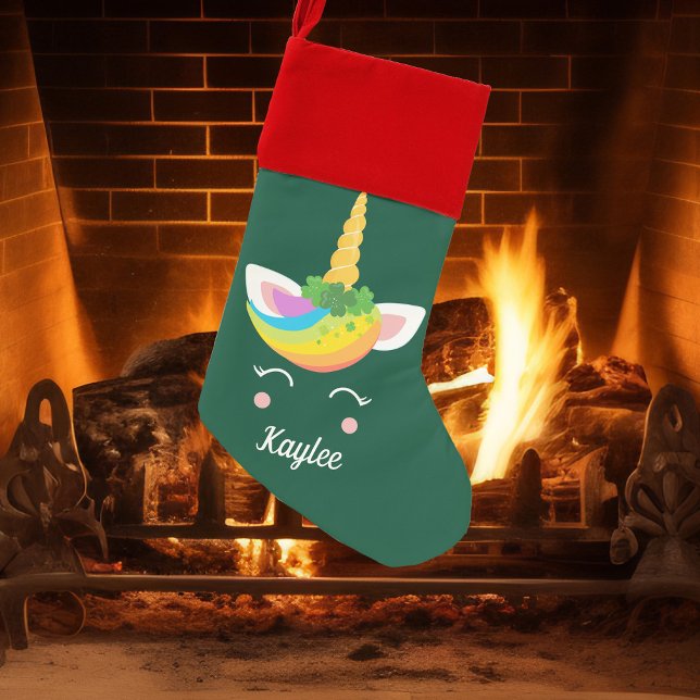 Cute Irish Unicorn Girl Personalized Green Christmas Stocking (Creator Uploaded)