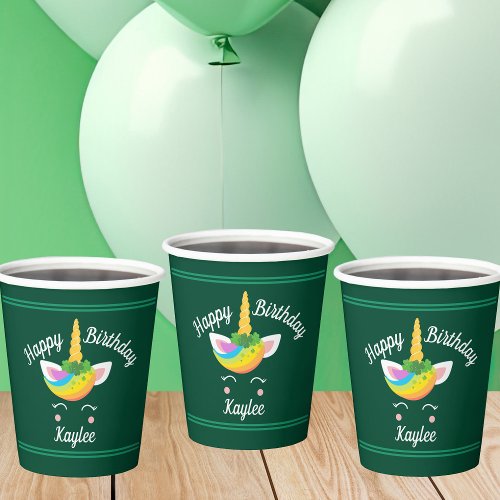 Cute Irish Unicorn Happy Birthday Girl Custom Paper Cups