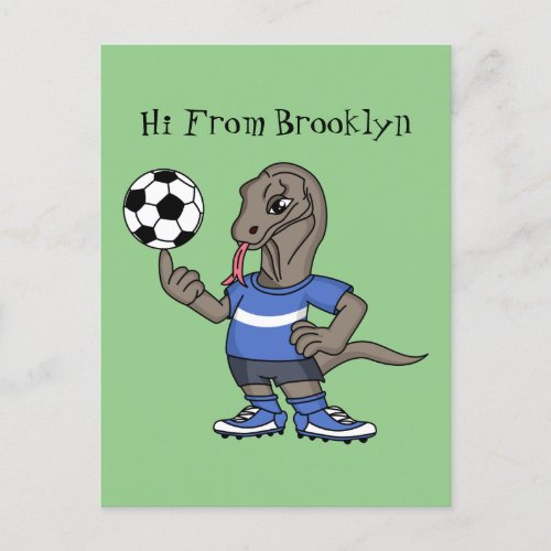 Cute is a comodo dragon playing soccer cartoon postcard