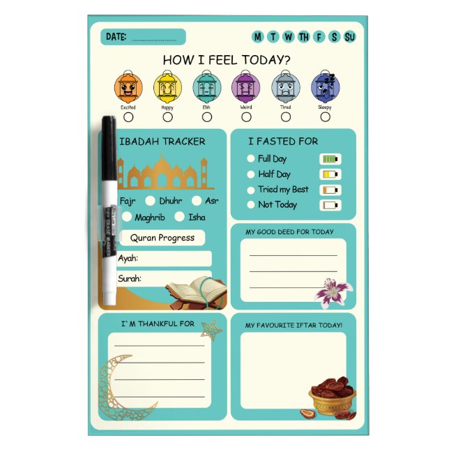 Cute Islamic Kids Ramadan Ibadah Activity Planner Dry Erase Board (Front)