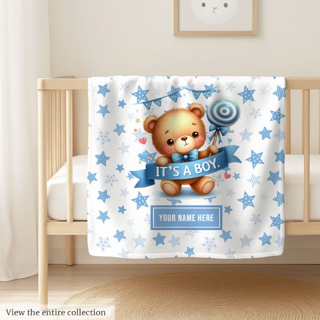 Cute It’s a Boy Blanket for Baby Boy Celebration (Soft teddy bear blanket, personalized It’s a Boy baby shower gift for little boys.)