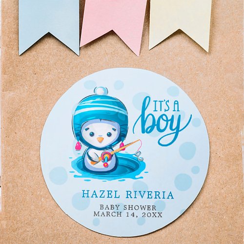 Cute Itâs a Boy Blue Penguin Fishing  Classic Round Sticker