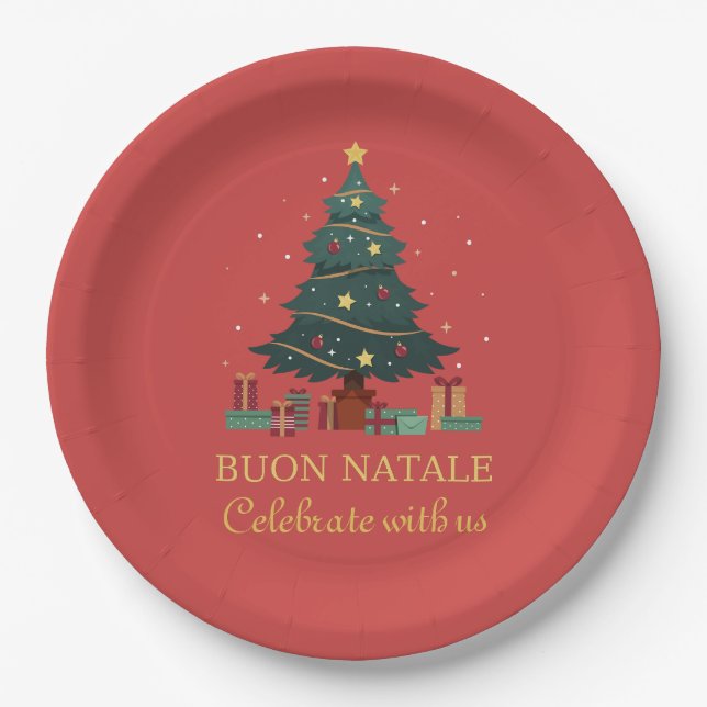Cute Italian Buon Natale Custom Tree Paper Plates (Front)