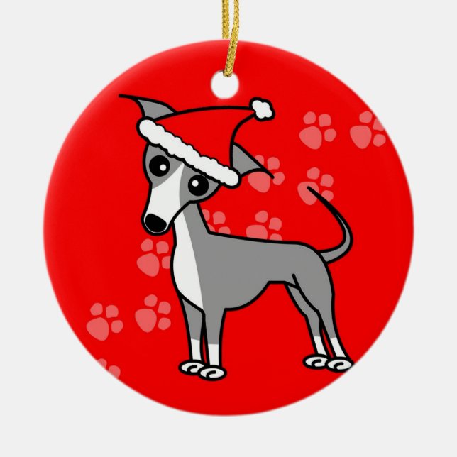 Cute Italian Greyhound Cartoon Santa Hat Ceramic Ornament (Front)