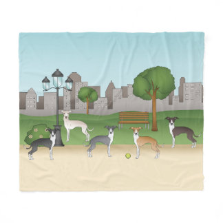 Cute Italian Greyhound Dogs In A Park Cartoon Art Fleece Blanket