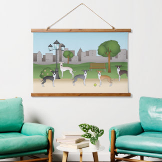 Cute Italian Greyhound Dogs In A Park Cartoon Art Hanging Tapestry