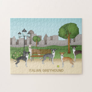 Cute Italian Greyhound Dogs In A Park Cartoon Art Jigsaw Puzzle