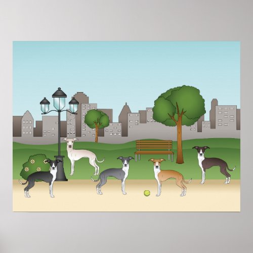 Cute Italian Greyhound Dogs In A Park Cartoon Art Poster