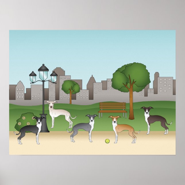 Cute Italian Greyhound Dogs In A Park Cartoon Art Poster (Front)