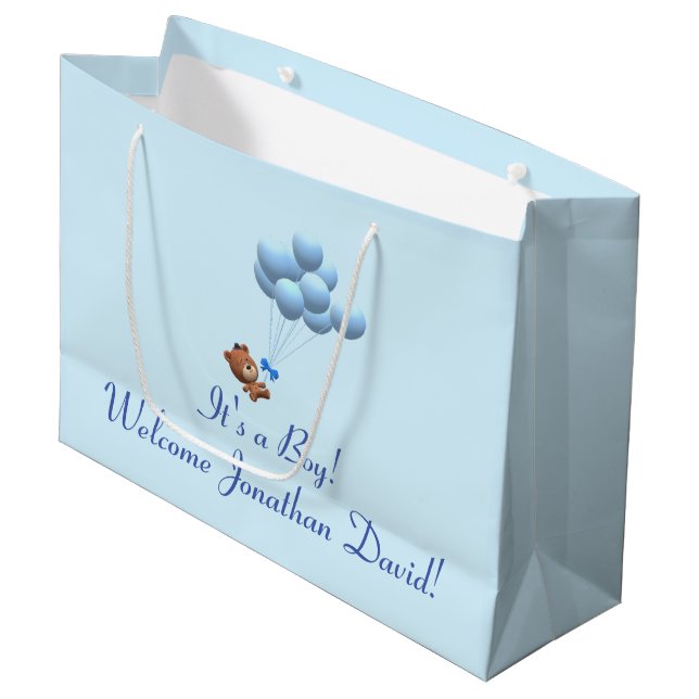 Cute It's a Boy Bear and Balloons Themed Gift Bag (Front Angled)